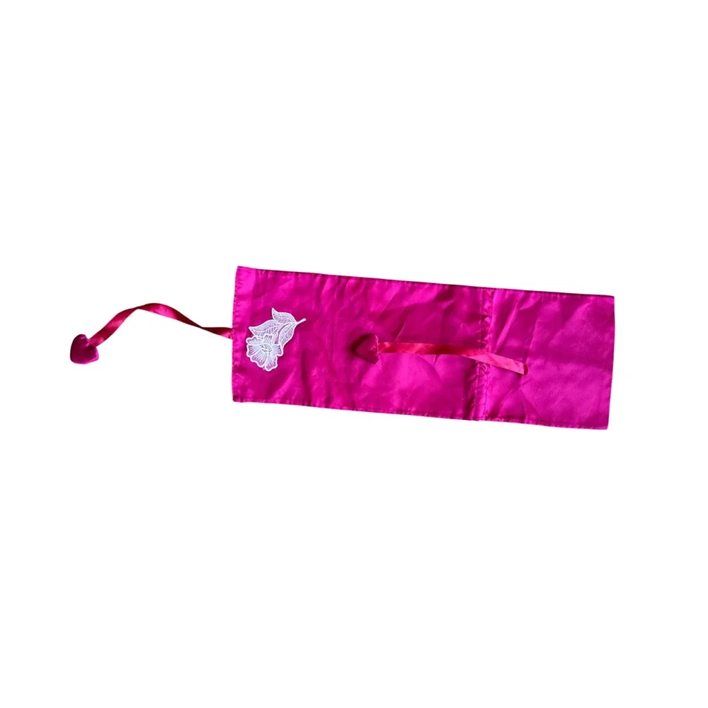 Vintage Fuchsia Satin Jewelry Roll Travel Organizer Floral Lace Heart Charm Pink